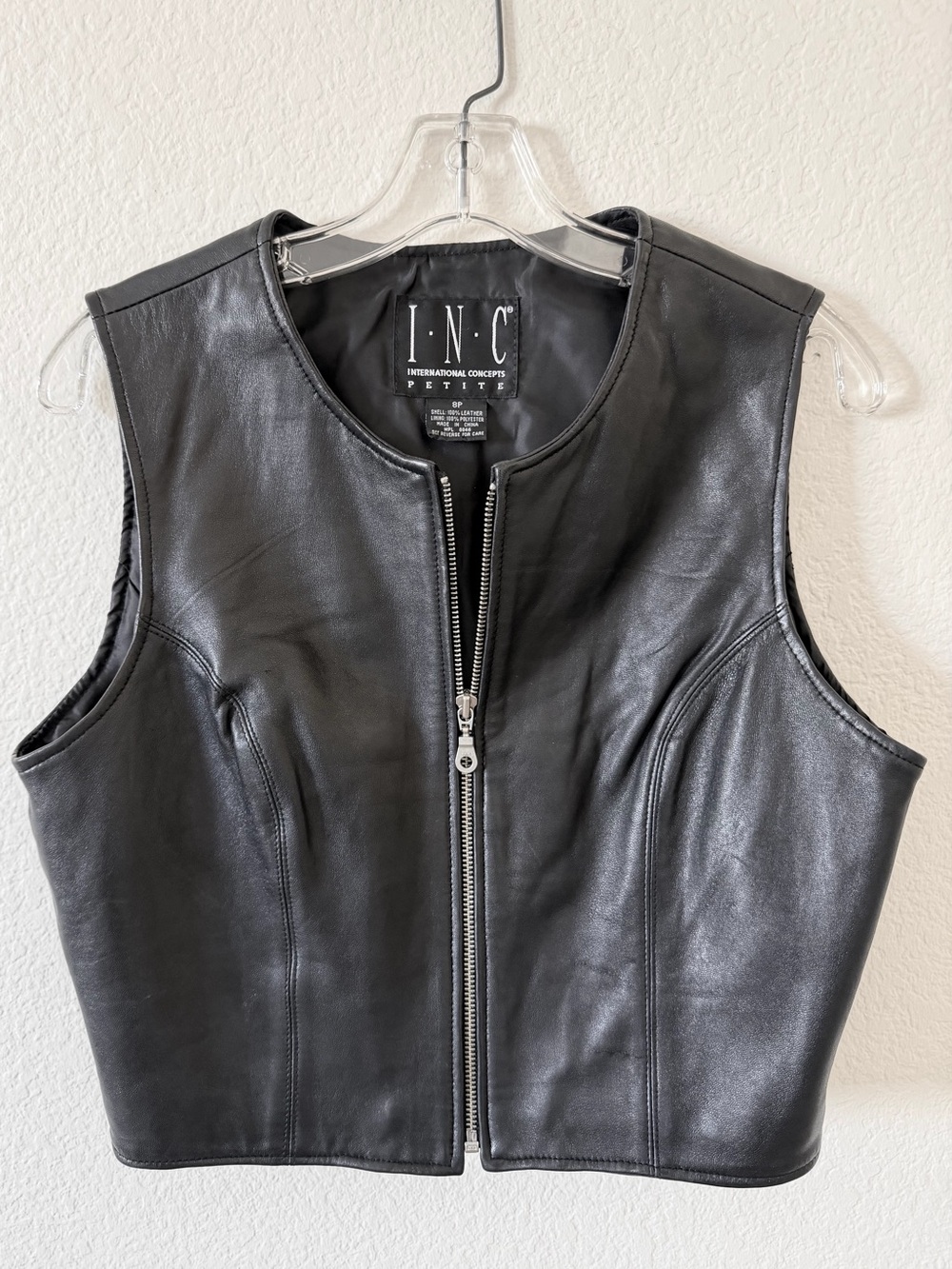 INC 100% Black Leather Zip Cropped Moto Vest (Size 8P)